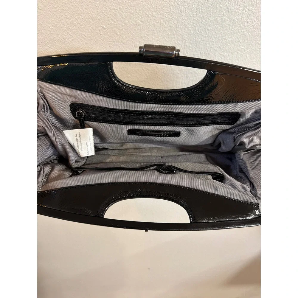 Elliott Lucca Clutch Bag Womens Black Woven Patent Leather Cut-Out Handle